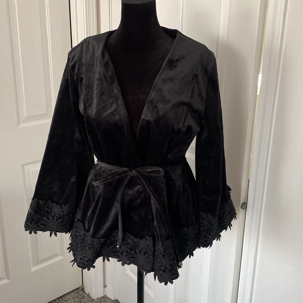 Mystree Black Velvet Wrap Jacket with floral embroidery.